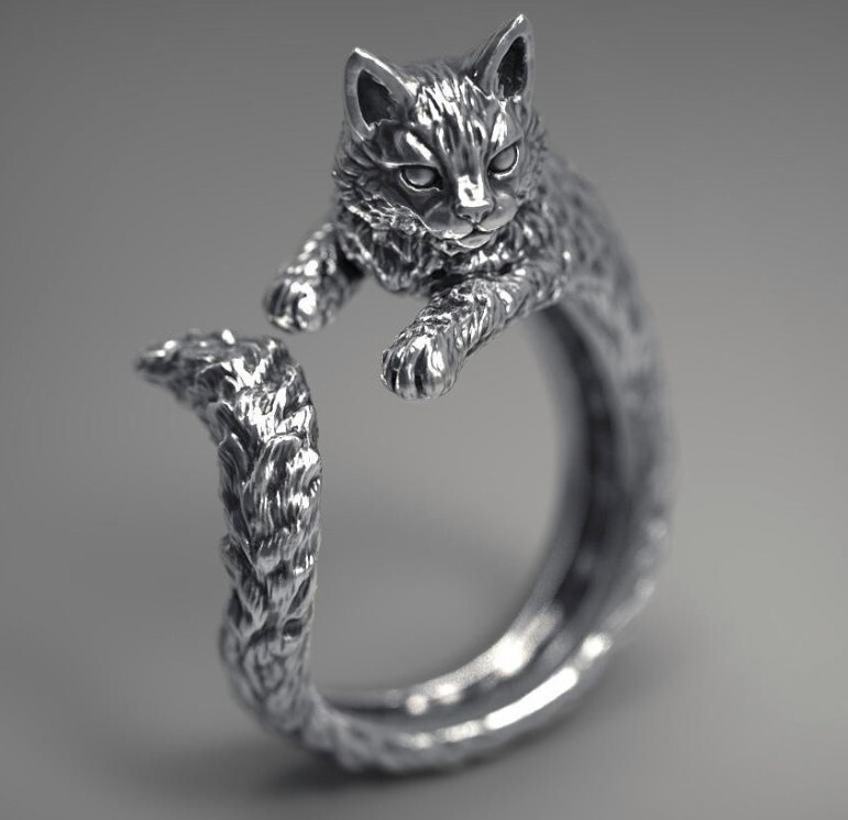 Antique Style Silver Animal Cat Kitten Adjustable Band Ring