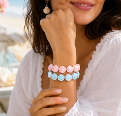 2PCS Ceramic Shell Beaded Stretch Bracelet Beach Ocean Coastal Blue Pink Women