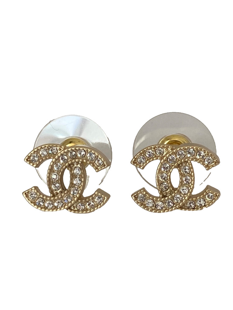 Chanel Classic Mini Crystal Gold Tone CC Stud Earrings Authentic
