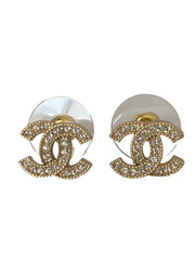 Chanel Classic Mini Crystal Gold Tone CC Stud Earrings Authentic