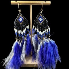 NWT Express Beaded Feather Earrings Blue Black Boho Festival Statement Drop
