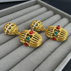 A Pair Bird Cage Pierced Dangle Matte Gold Red Green Earrings