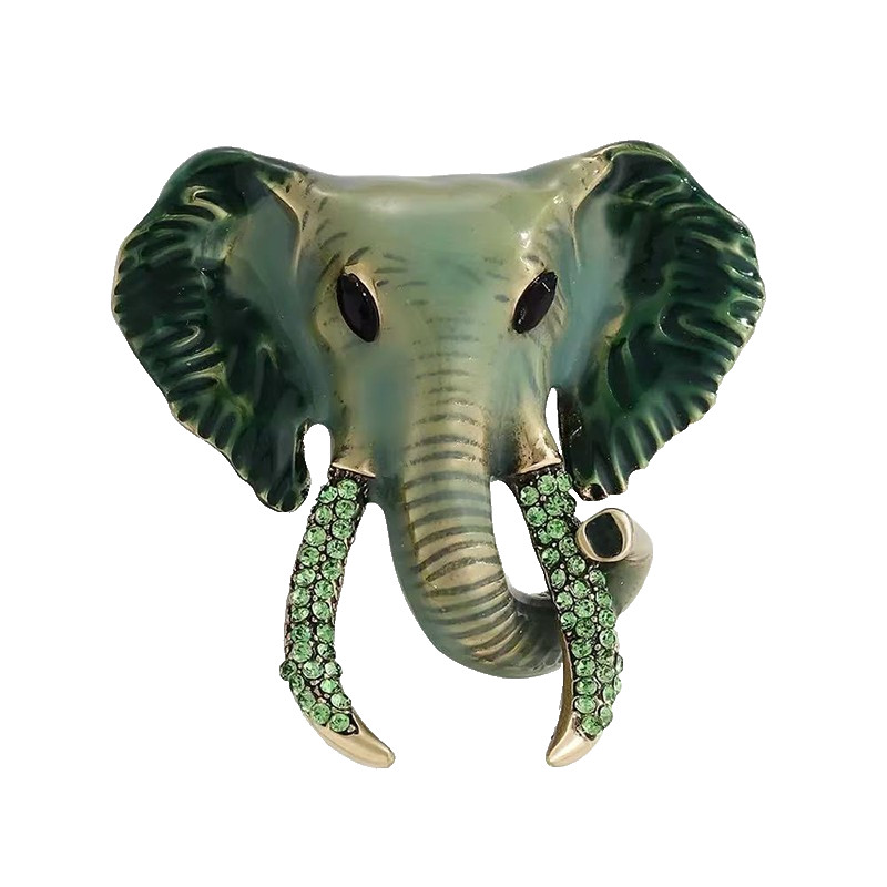 2PCS Elephant Head Brooch Pin Green White Enamel Rhinestone Animal Lapel Gift