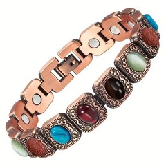 Magnetic Bracelet for Women Vintage Copper Tone Colorful Stones Adjustable Link