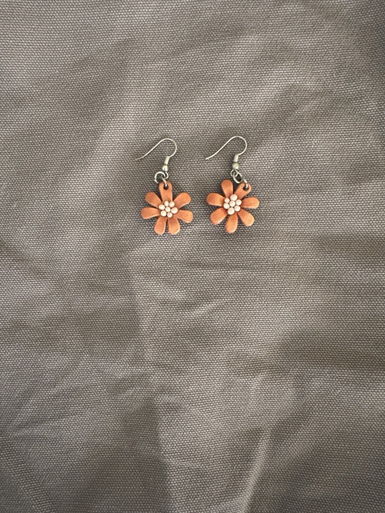 Handmade Brown Leather Flower Earrings. Cute For Tea Parties Casual Brunch Fun
