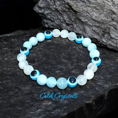 AAA Transparent Moonstone, Aquamarine Evil Eye Bracelet 8mm Unisex NATURAL Stone