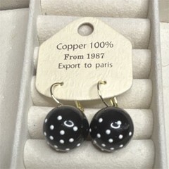 Vintage Copper Round Polka Dot Dangle Drop Earrings Hook Closure Black White