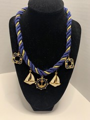 Nautical Navy & Gold Rope Collar Necklace w/ Sailboat & Anchor