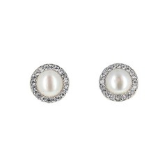 Sterling Silver, Pearl Studs, Cultured Pearl Studs with Cubic Zirconia, 9mm,925