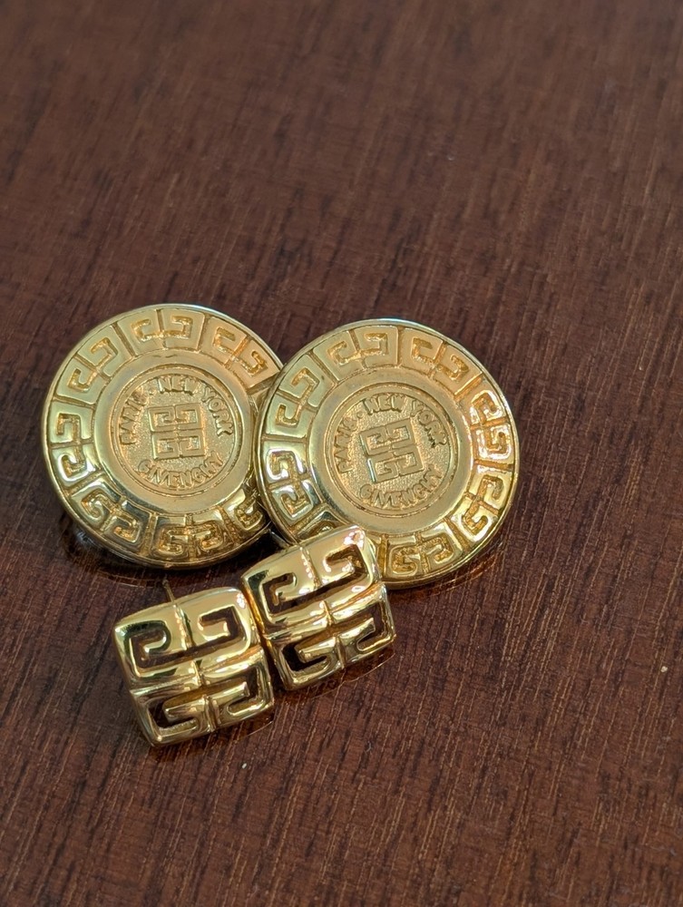 Vintage Givenchy 2 Pairs Paris New York 4G Greek Key Gold Pierced Earrings Signd