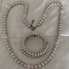 Pink Faux Pearl Jewelry Set Necklace & Bracelet w/ Crystal Rhinestone Spacers