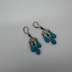 Barse Turquoise and Green Stone Chandelier Dangle Earrings Lever Back Silver