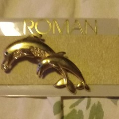 Vintage Roman Gold Tone Dolphin Brooch Pin Clear Round Rhinestone Eye Signed