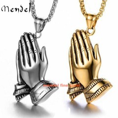 MENDEL Stainless Steel Gold Plated Hip Hop Prayer Praying Hands Pendant Necklace