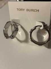 Tory Burch Miller Logo Silver Hoop Earrings Studded Medallion Huggie Hoops