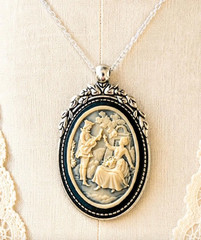 Victorian Courting Couple Cameo Necklace Black Ivory Silver Romantic Pendant