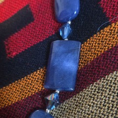 Blue Stone Rectangle Beaded Necklace Silver Tone Cable Chain Lobster Clasp
