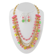 Pierced Earrings 1.75″ + Pink Candy Color Bead Layer Gold Tone Necklace Set 32″