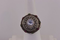 Sterling Silver Emerald & Ruby Accented Domed Bohemian Band Ring 15g 925 Sz: 8