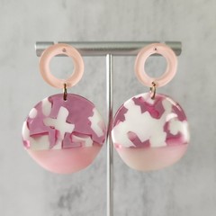 Pink White Acrylic Swirl Round Post Dangle Earrings for Pierced Ears