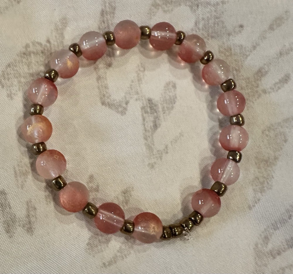 Pink Round Stone Beaded Stretch Bracelet, Ball/Bead Chain, No Clasp