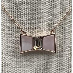 Kate Spade Pink BOW SHOPPE Mini Necklace Pendant MOP Crystal Rose Gold 12 KT