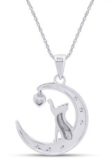 Moon Cat Pendant Necklace 18″ Simulated Diamond 14K White Gold Plated Silver