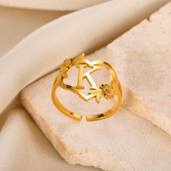 Initial Letter Gold Ring Adjustable Leaf Flower Ring Women’s Fashion Jewelry 82
