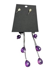 Silvertone Purple Plastic Beaded Fringe Dangle Earrings 3.75 inches