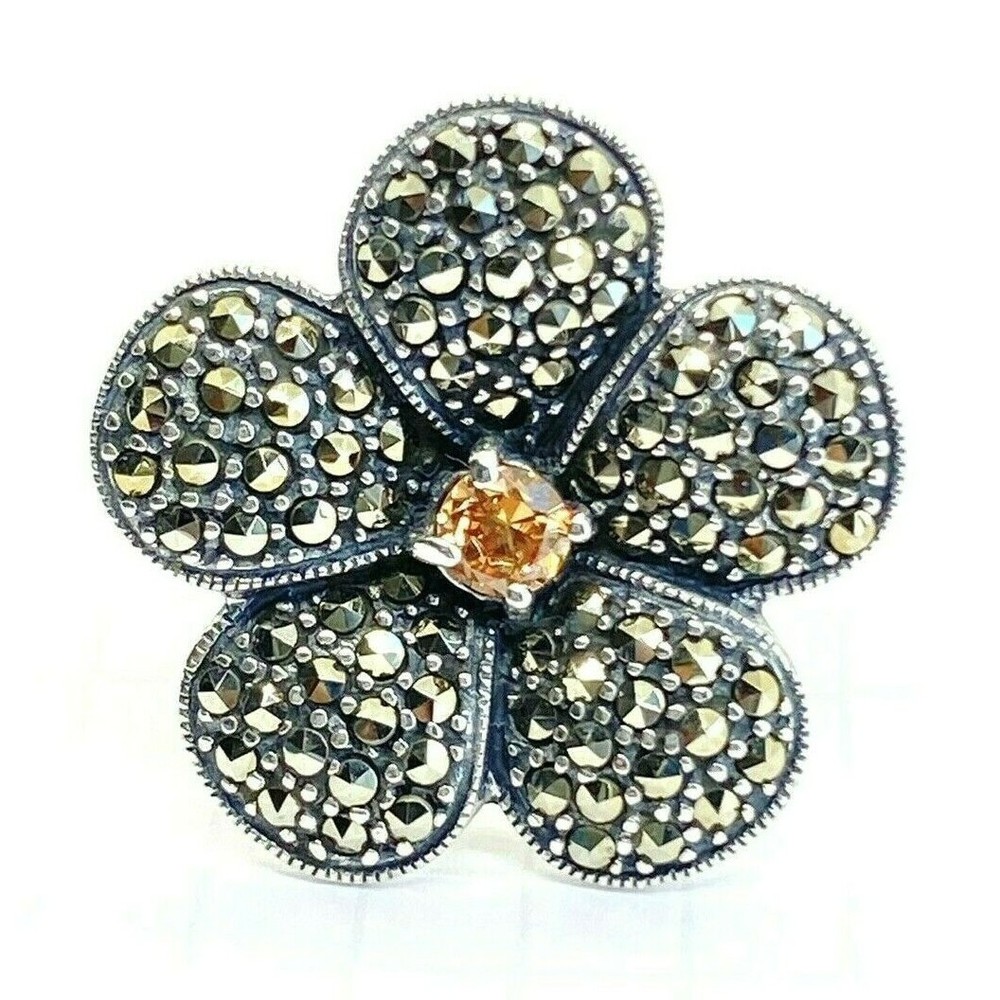 (SIZE 6,7,8,9) Big FLOWER RING Orange Citrine & Marcasite .925 STERLING SILVER