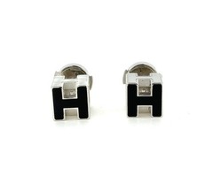 Hermes H Cube Square Stud Earrings Pair Silver Tone Black Enamel