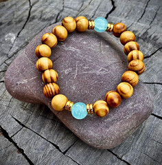 Wood Beaded Stretch Bracelet w/ Blue Round Stone Accent Beads, Charm Style