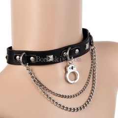 Punk Gothic Spike Rivet Buckle Handcuff bBlack Leather Choker Collar Necklace