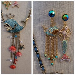 Vintage Betsey Johnson Blue Crystal WHALE Pendant w/Match Earrings Ocean BEACH