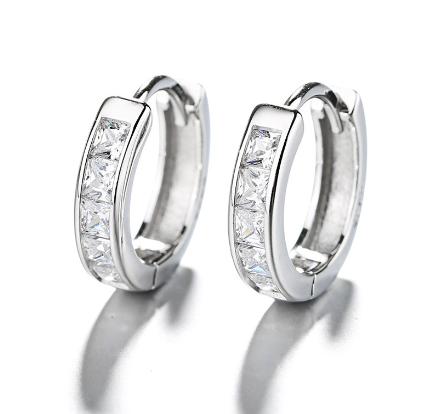 S925 Sterling Silver Square CZ Small Huggie Hoop Earrings 14mm Women Men I32