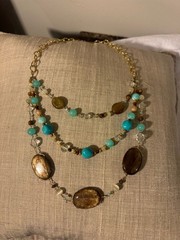 Three-Strand Layered Necklace with Faux Turquoise, Brown Stone and Crystal Beads