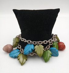 FENDI Dangle Charm Bracelet Acorns Leaves Chain Link Silver Tone READ