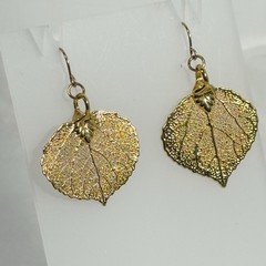 Real Gold Dipped Aspen Leaf Earrings Dangle 24k Plated
