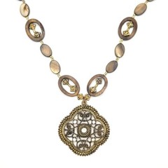 Boho Mother of Pearl Necklace Bronze Tone Filigree Pendant Crystal Accents
