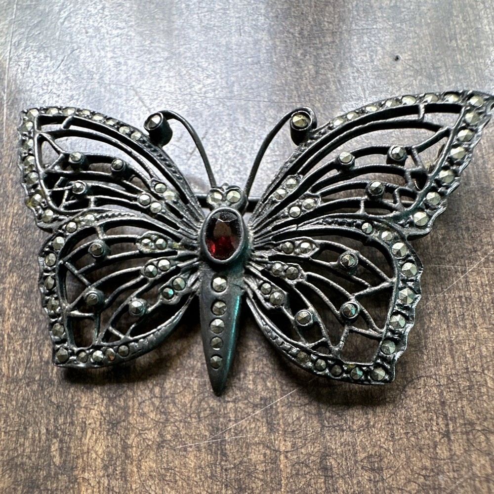 SilverTone Butterfly Brooch Pin Oval Bezel Set Marcasite & Crystal Accents