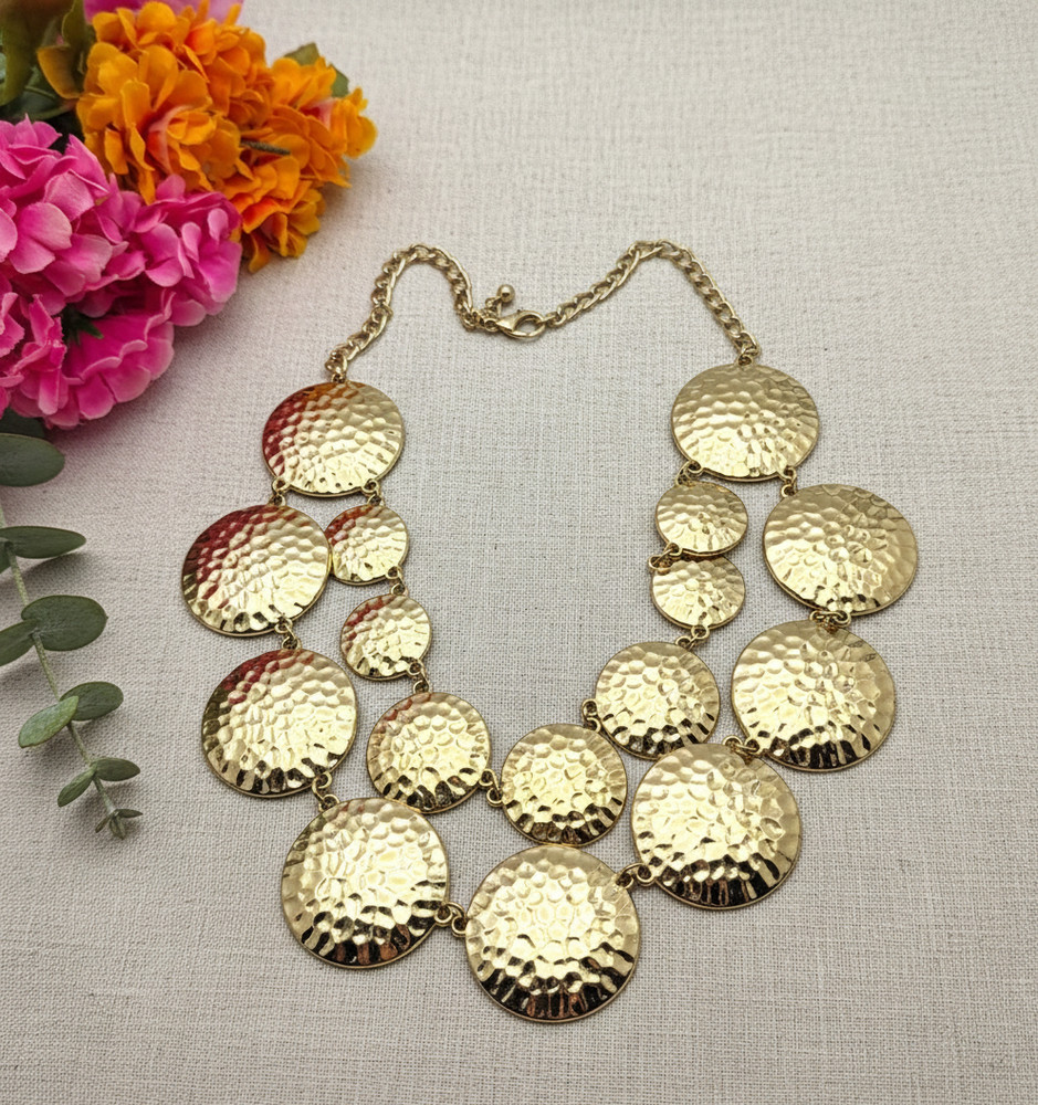 Hammered Gold Tone Disc Statement Necklace Layered Circle Bib 23 In adj. Modern