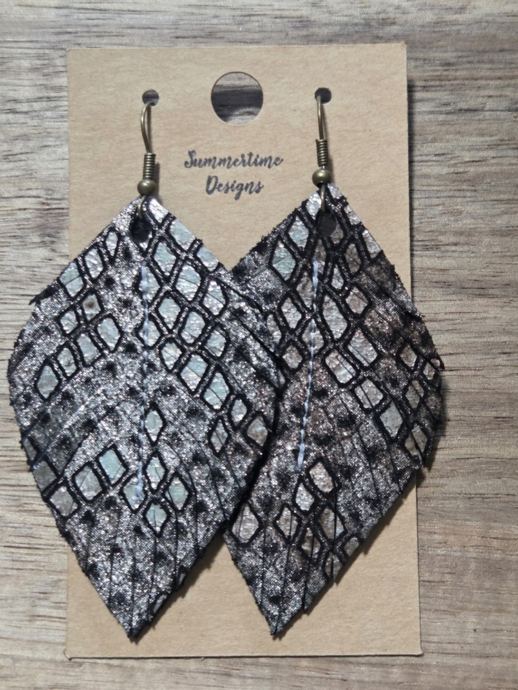Handmade GENUINE Leather Feather Earrings Metallic BrownPython 2″