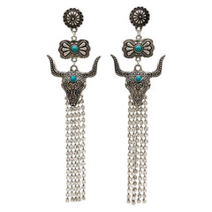 Western Bull Head Fringe Tassel Dangle Drop Earrings Silver Tone Turquoise
