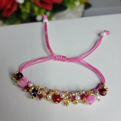 Adjustable Pink Bolo Cord Beaded Charm Bracelet w/ Multicolor Round Beads
