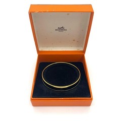 HERMES Emaillé Enamel Cuff Bangle Navy Blue Gold 19.5cm Round Metal Auth