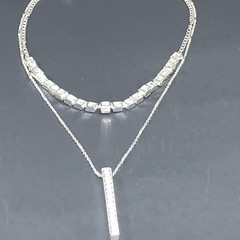 9West Crystal Square Links & Vertical Bar Pendant Layered Necklace Silver Tone