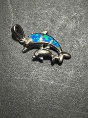 925 Sterling Silver Blue Opal Dolphin and Baby With Cz Eyes Charm Pendant 3.3 G