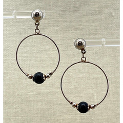 Dangling Silver Tone Pierced Hoop Earrings With Black Beads Secure Lock Back