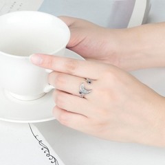 925 Sterling Silver Butterfly Bow Moon Star Zircon Adjustable Open Ring Women