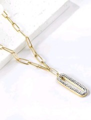 Stainless Steel Oval Link Oval Rhinestone Pendant Necklace